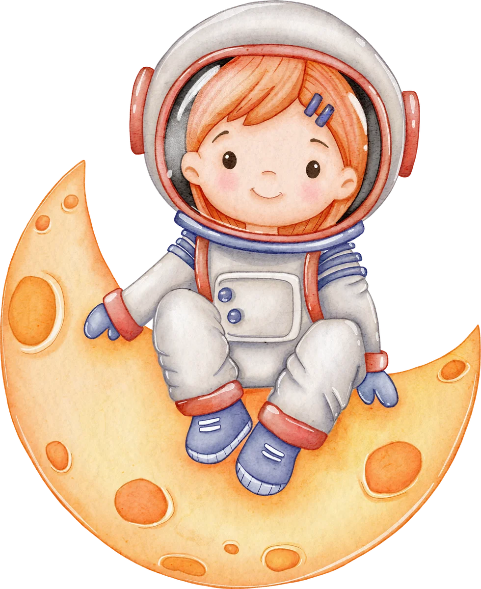 Ilustração de uma menina astronauta sentada em uma lua crescente